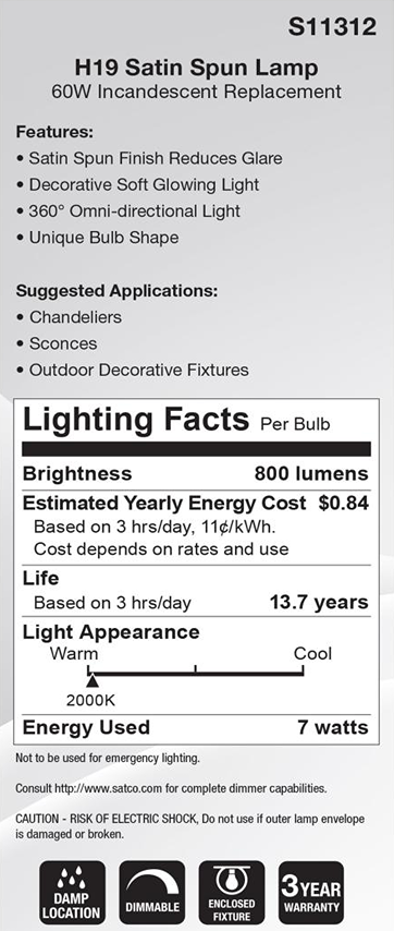 Specification label for 7W satin spun finish LED bulb with 2000K warm glow, dimmable and suitable for damp locations