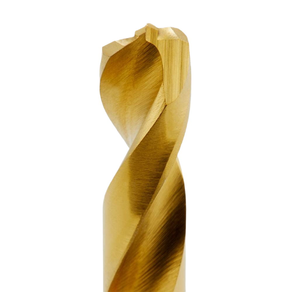 Close-up of a 3/16 inch titanium drill bit with a quad edge tip for efficient cutting in power tool accessories and home improvement projects
