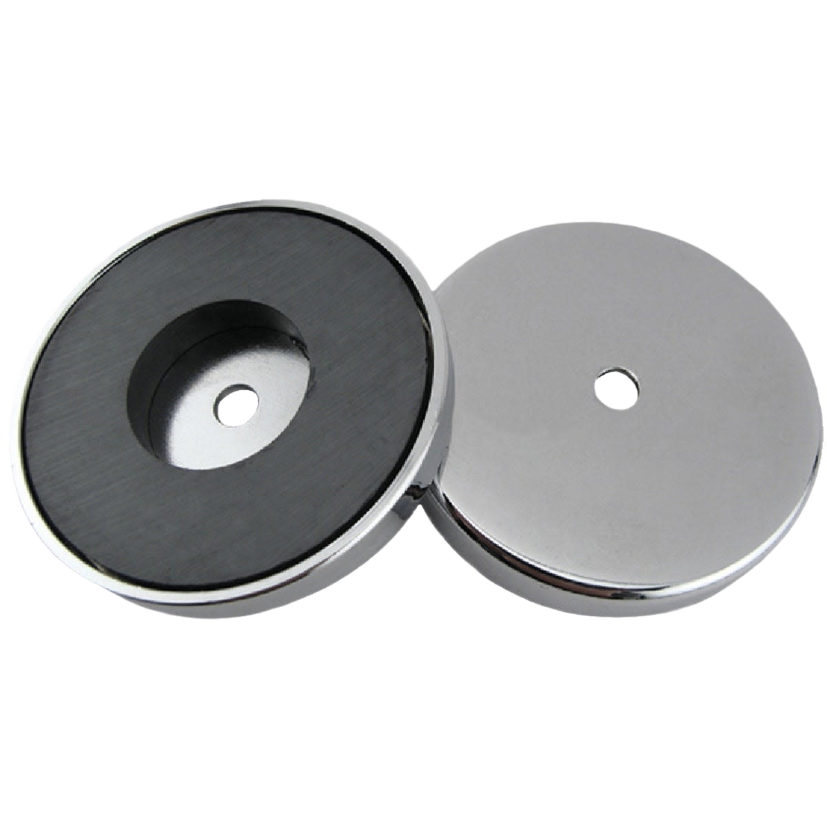 Pair of round metal magnetic bases with polished chrome finish and central mounting holes for hardware and home improvement tasks