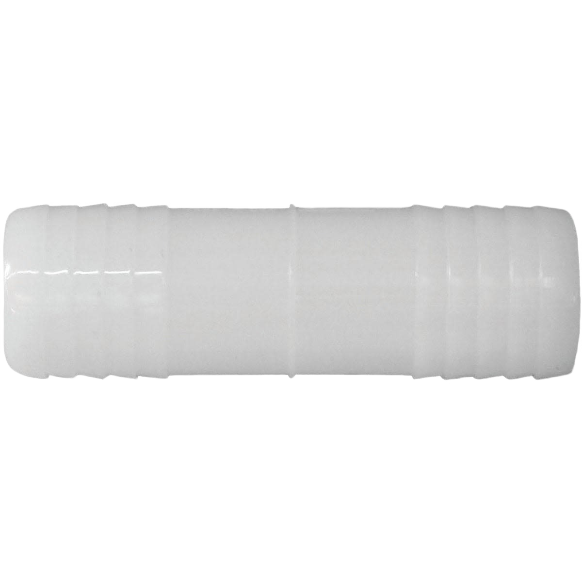 White nylon insert coupling with barb ends for polyethylene pipes in plumbing and home improvement projects