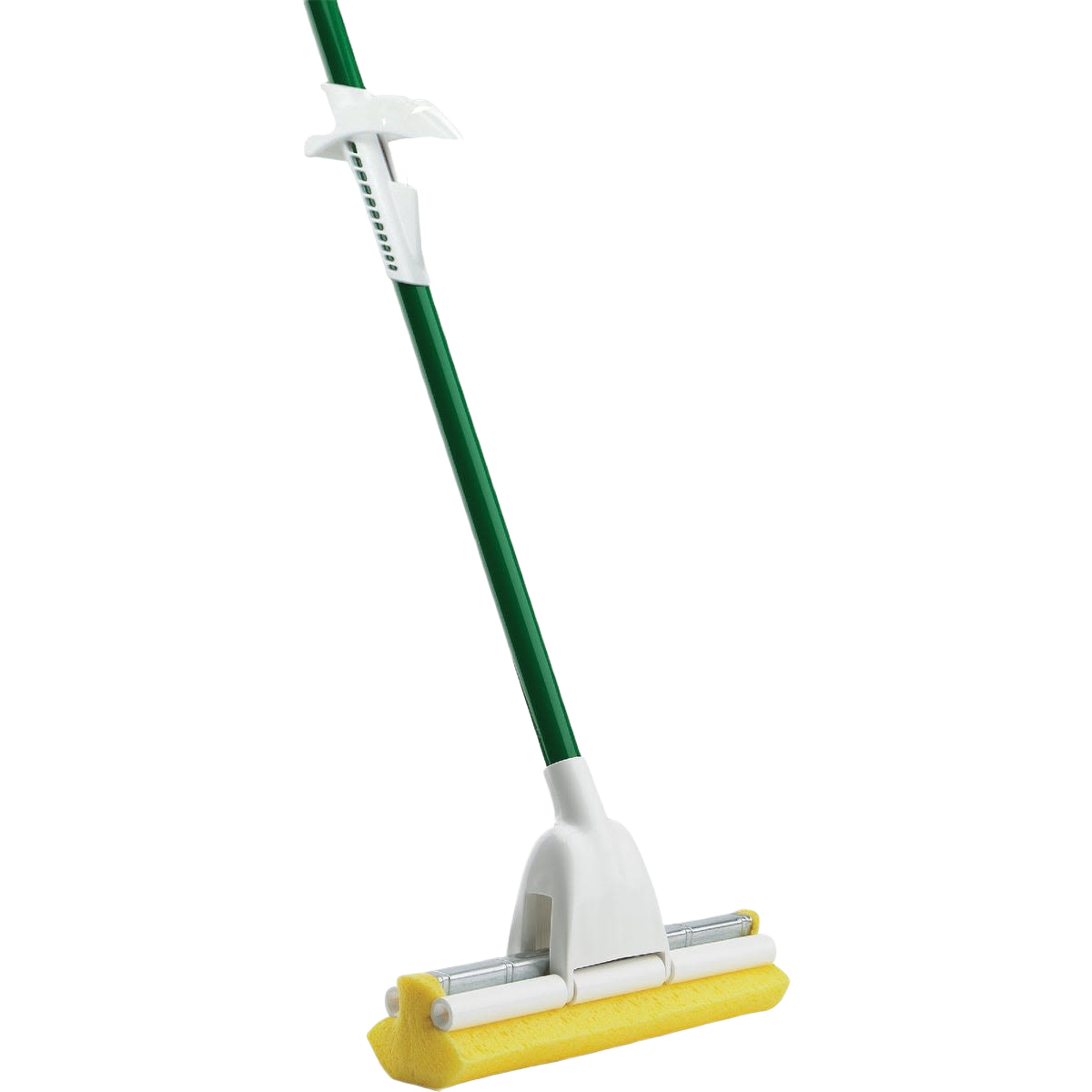 Yellow sponge roller mop with green handle and adjustable white lever for home cleaning and improvement tasks
