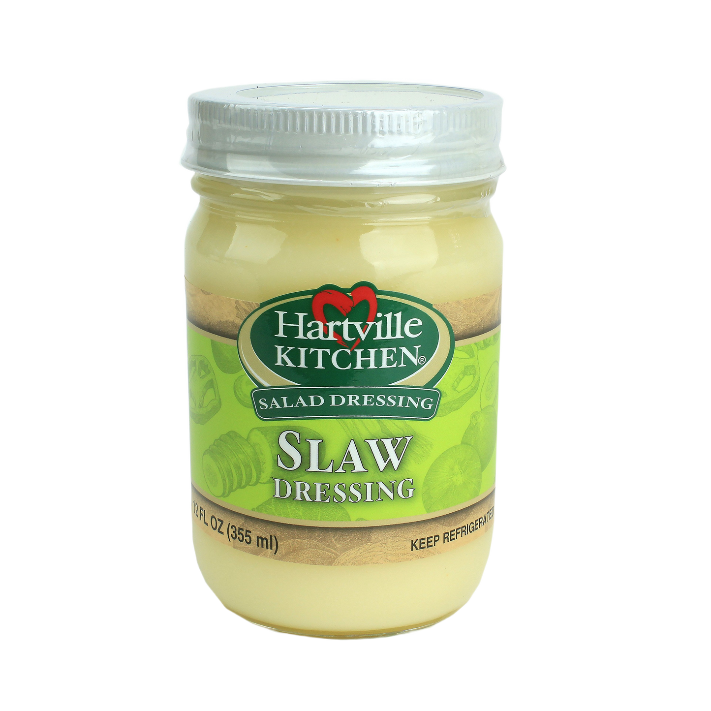 Glass jar of Hartville Kitchen refrigerated slaw dressing with green label in salad dressings and food collections