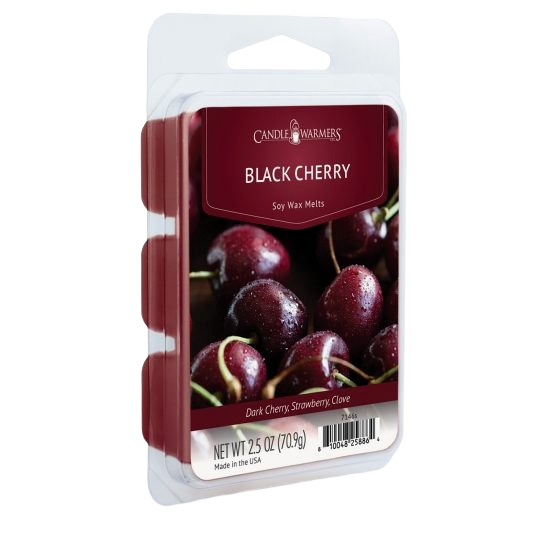Clamshell package of black cherry scented soy wax melts featuring dark cherry, strawberry, and clove aroma for home use