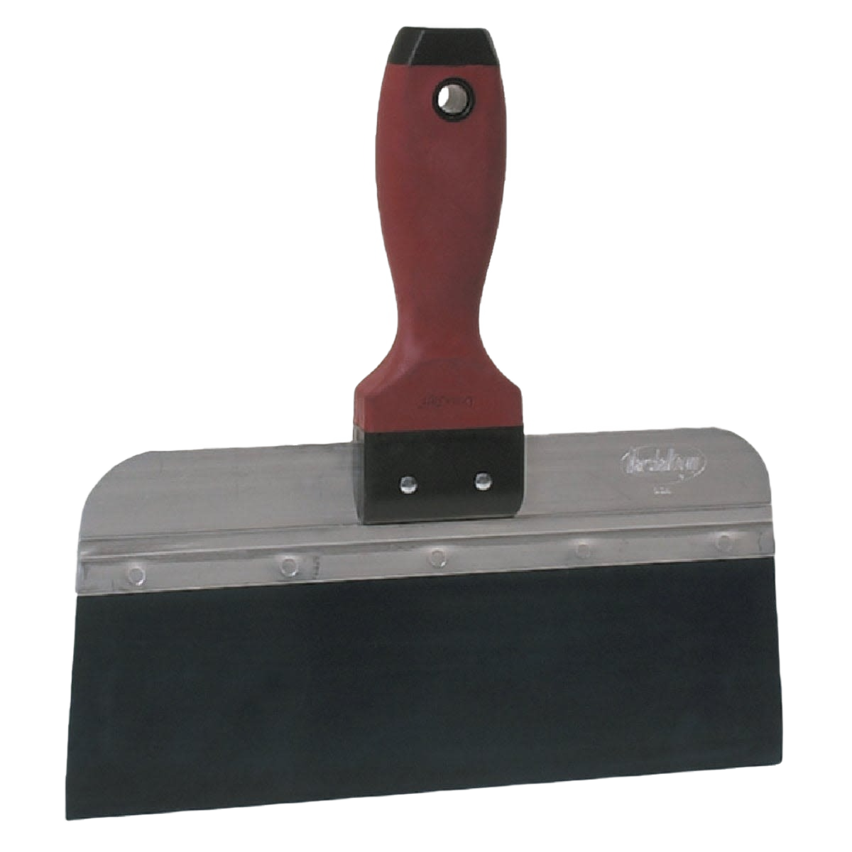 12-inch steel taping knife with ergonomic red handle designed for home improvement and tools applications