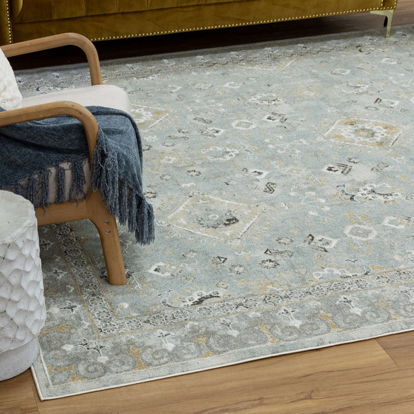 Ornamental blue area rug with gray and beige accents featured in home decor and flooring collections