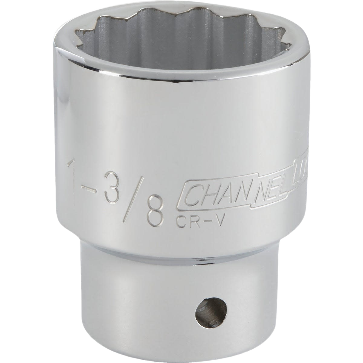 Chrome-finished shallow socket with 12-point design for woodworking and hand tools in home improvement collections