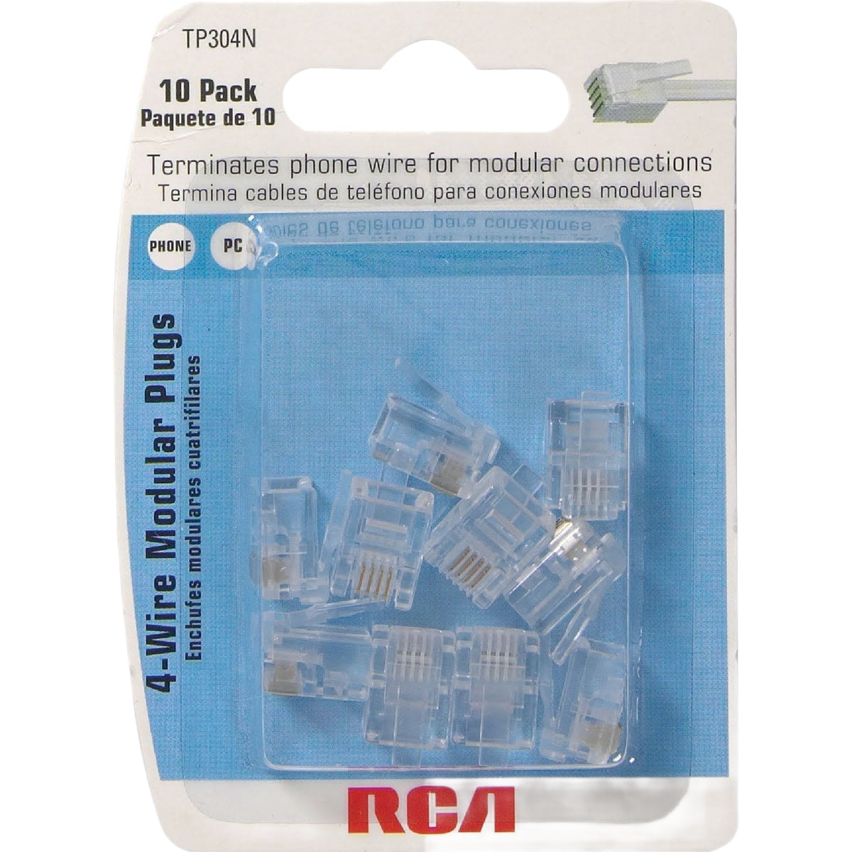 Pack of ten clear 4-wire modular plugs for phone and data connections in electrical and wire accessories