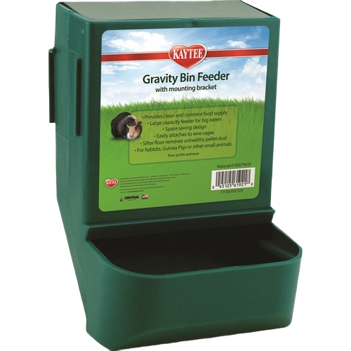 Green gravity feeder with mounting bracket designed for small animal food storage and dispensing in home settings