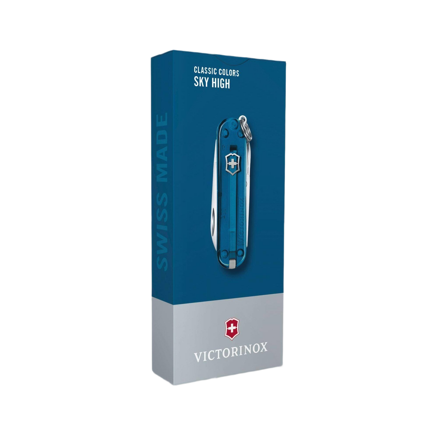 Blue translucent Victorinox Classic SD pocket knife with keyring and small blade for everyday tools and home improvement tasks
