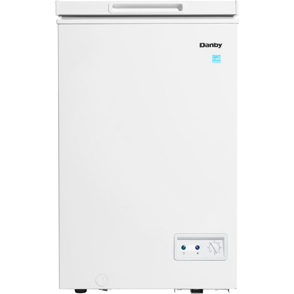 White compact chest freezer with front temperature control and power indicators in kitchen appliances collection