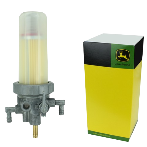 Clear plastic fuel filter with gray metal base and yellow and black packaging for tools and home improvement use