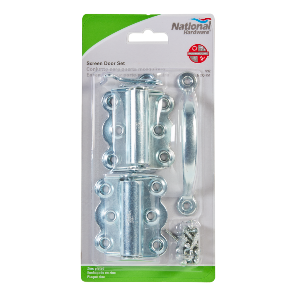 Zinc-plated screen door hardware set with hinges, hook and eye latch, handle, and mounting screws for door accessories under $50