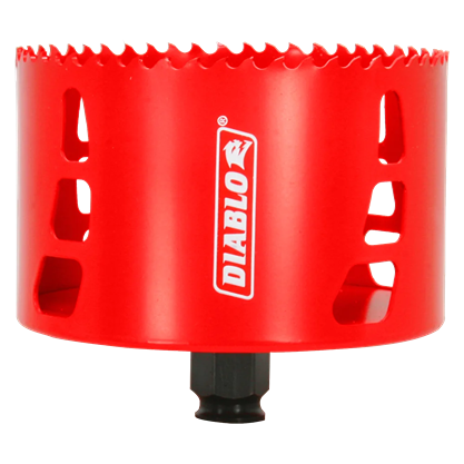 Red Diablo hole saw with sharp teeth and Snap-Lock Plus mandrel, featured in woodworking tools under $50 collections