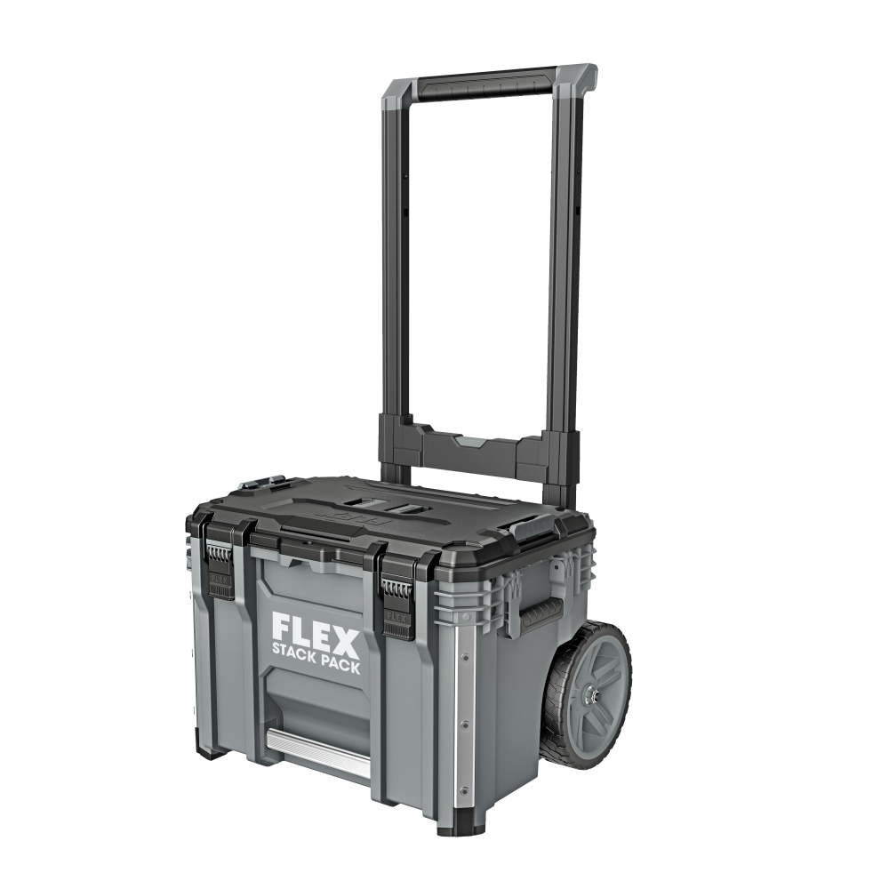Gray and black rolling tool box with telescoping handle and rugged 9-inch wheels, designed for workshop organization and tool storage in home improvement.