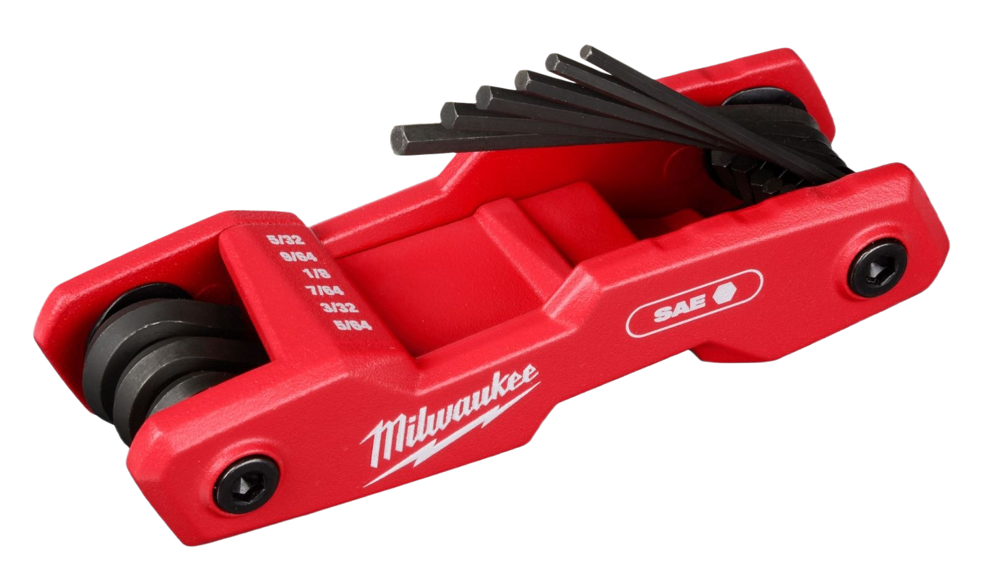 Red folding hex key set with SAE sizes marked for tools and home improvement tasks