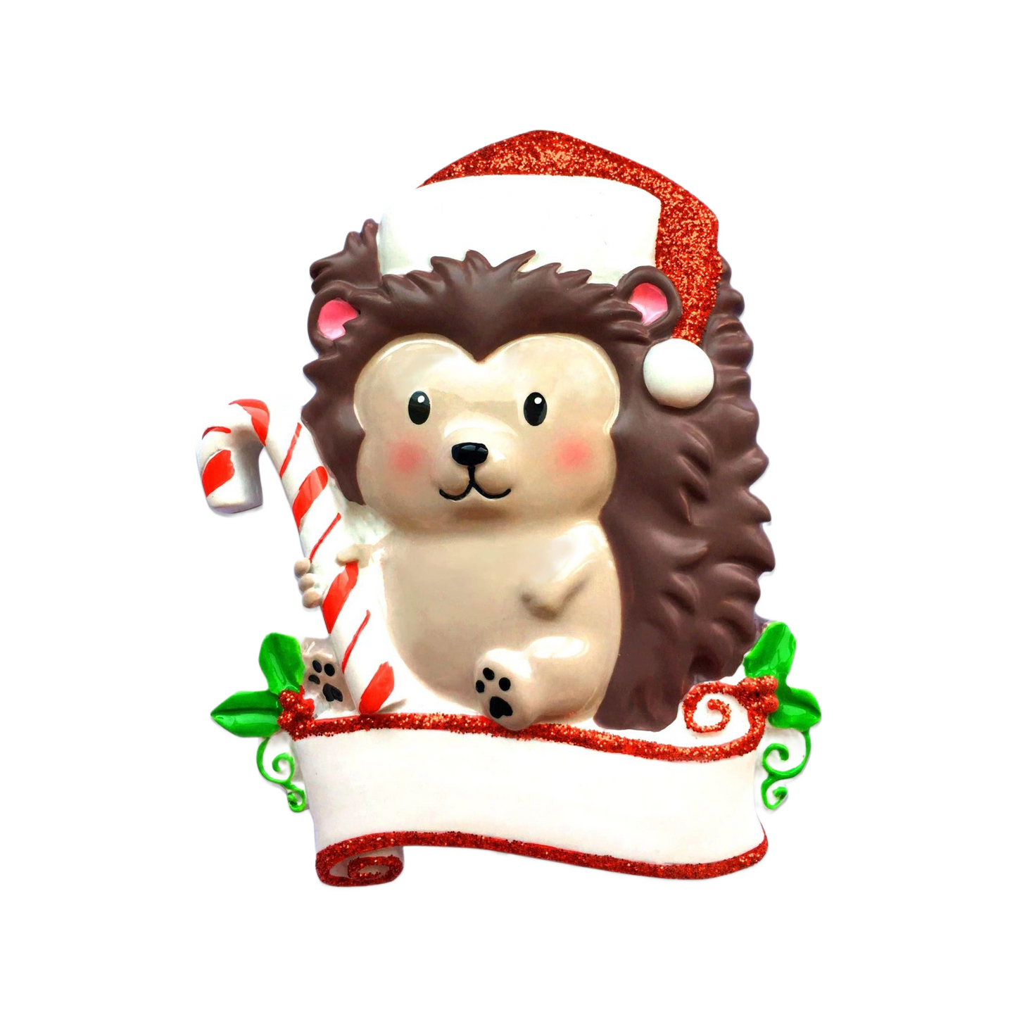 Festive hedgehog ornament with glittery red Santa hat and candy cane, part of Christmas Ornaments & Tree Decorations under $50