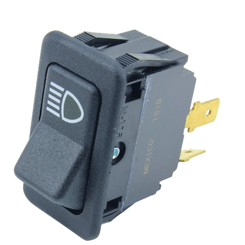 Black rocker switch with headlight icon and brass electrical terminals for home improvement and tools use