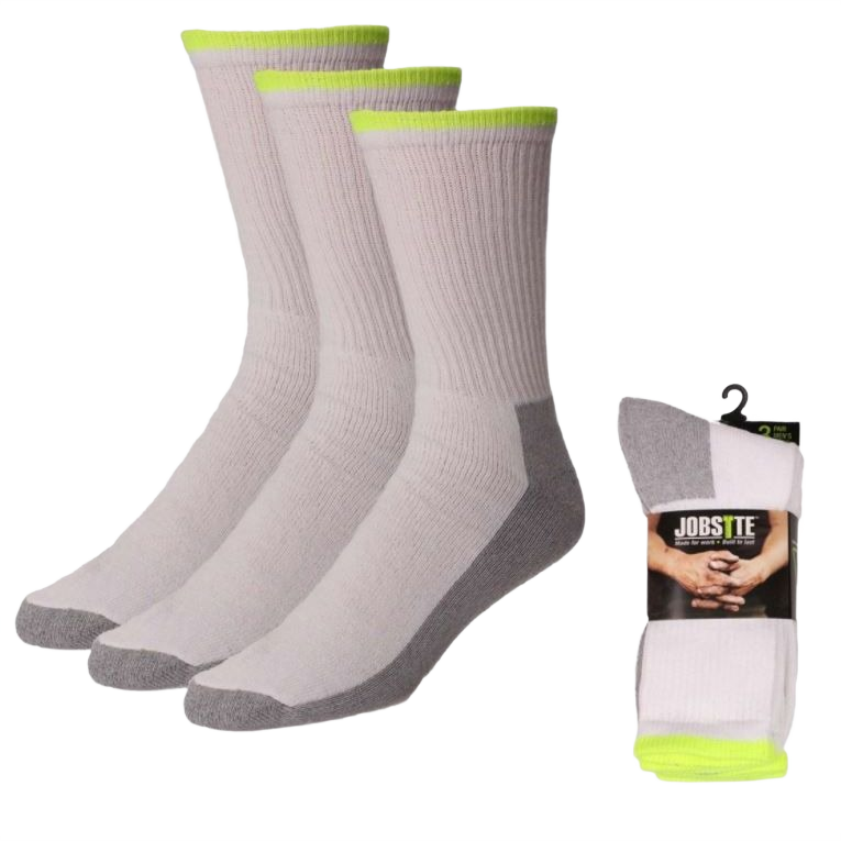 Three pairs of white crew socks with gray heels and neon yellow trim, cushioned for comfort and durability