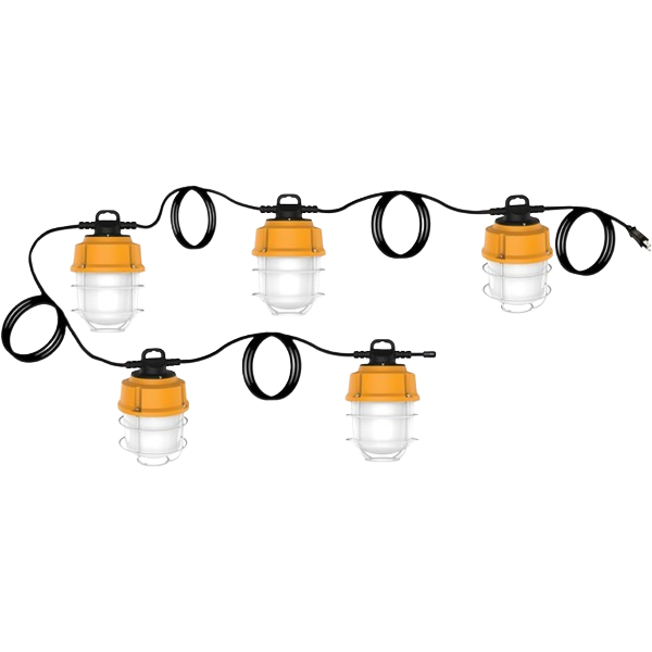 String of five LED lamps with yellow tops and black cords, suitable for lighting and electrical home improvement projects