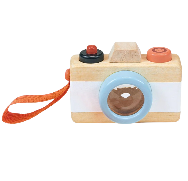 Small wooden toy camera with blue lens, orange strap, and colored buttons designed for imaginative play