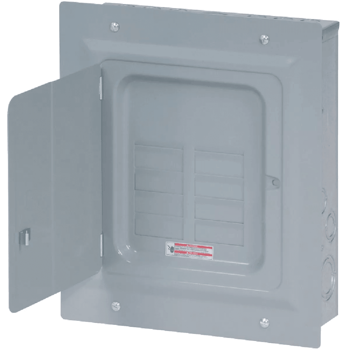 Gray indoor electrical load center with open door, part of Boxes & Brackets and Electrical collections under 100 dollars