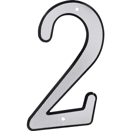 Silver reflective house number 2 with black border and nail holes for easy mounting on home exterior surfaces