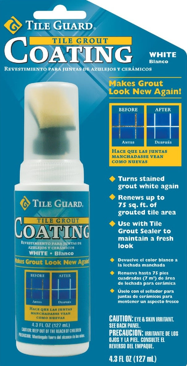 Tube of white grout coating with before and after grout images for flooring tools and grout maintenance use.