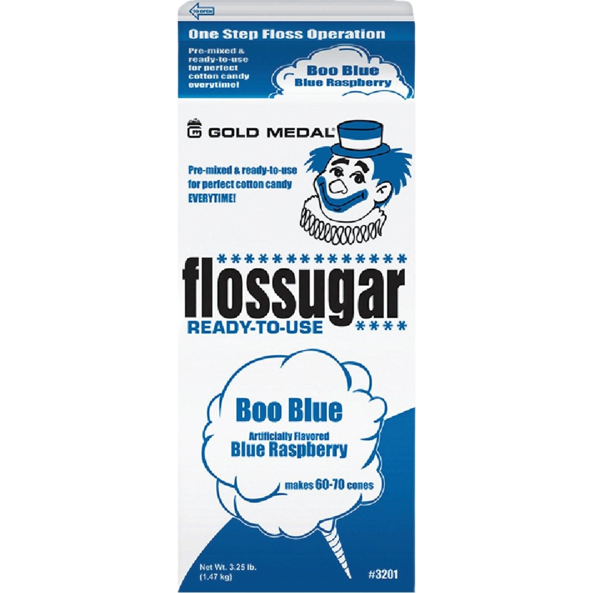 Blue raspberry flavored Gold Medal Flossugar in a ready-to-use carton for food and beverage collections