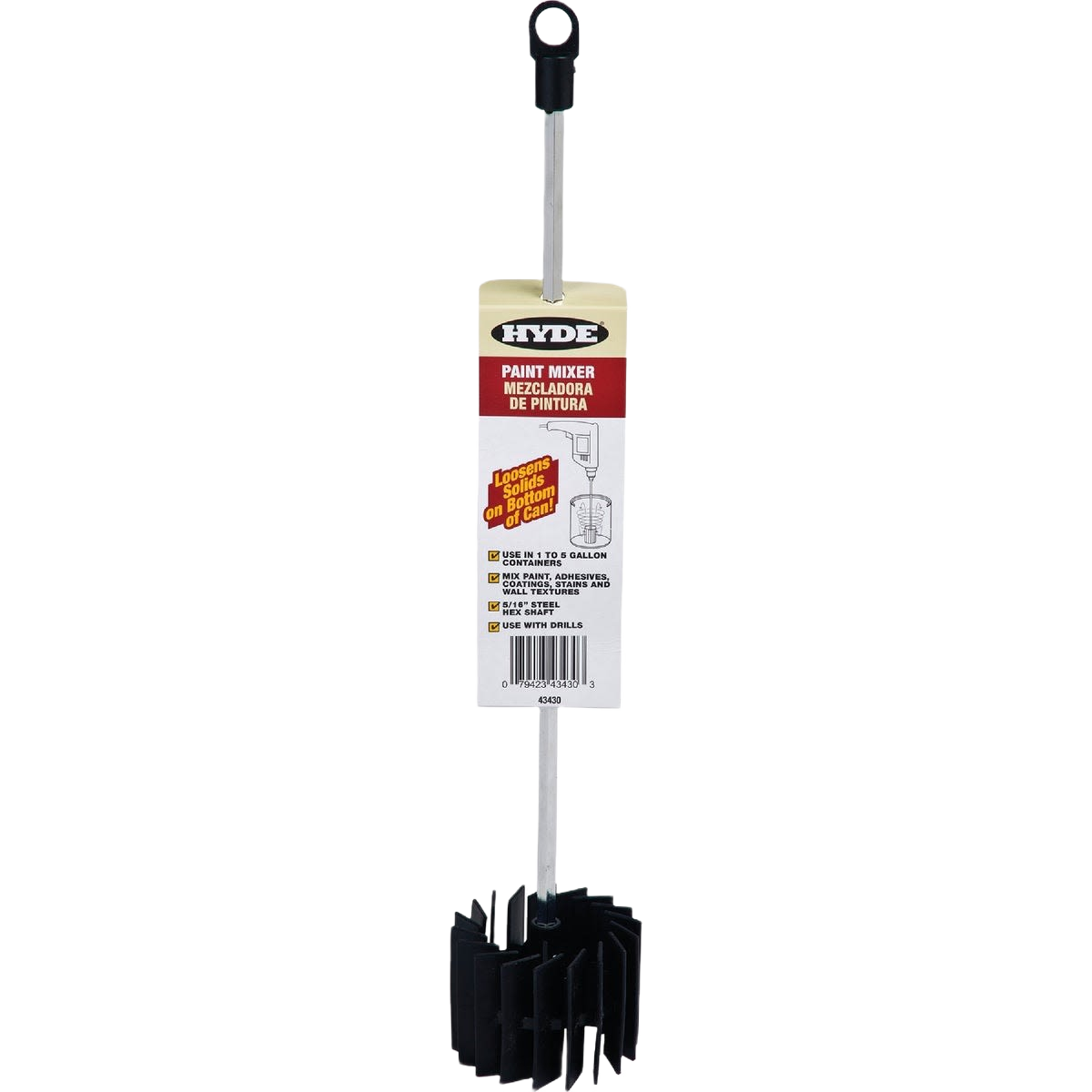 Polypropylene paint mixer with black mixing blades and steel shaft for use with electric drills in home improvement tools collection