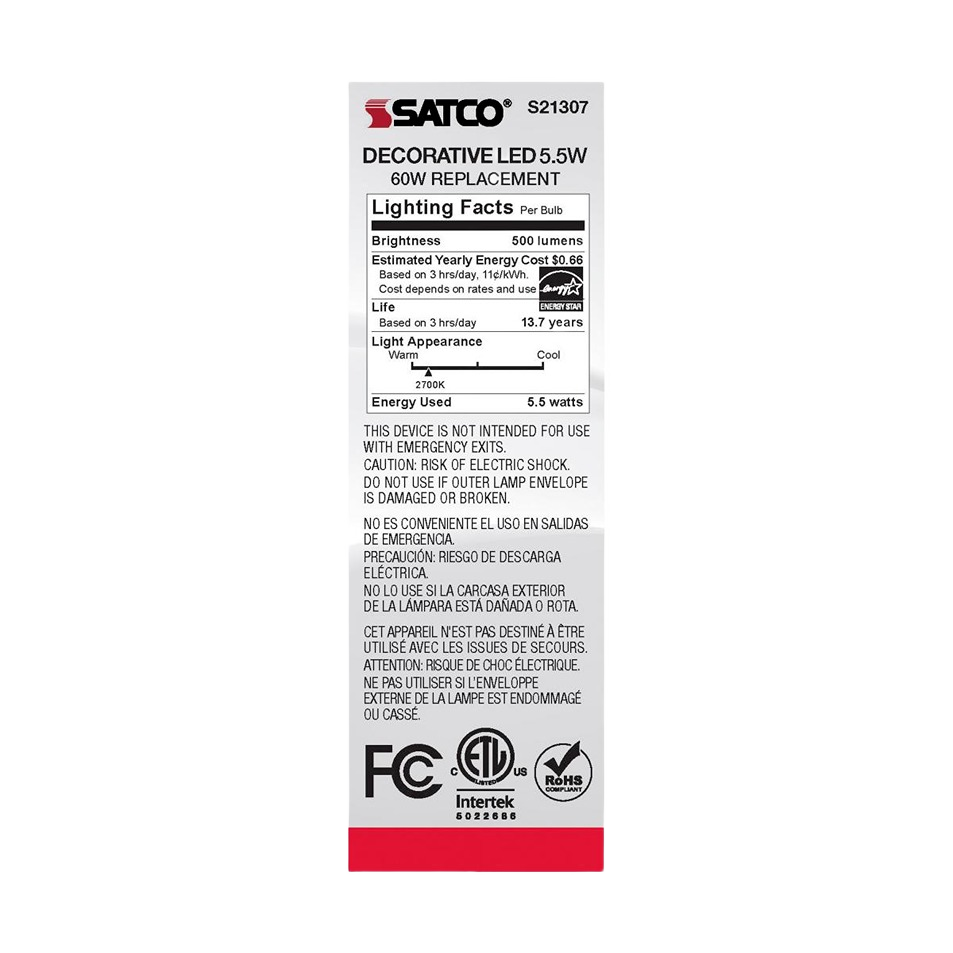 Satco decorative LED bulb with 5.5 watts, 500 lumens, warm white 2700K light for home improvement lighting