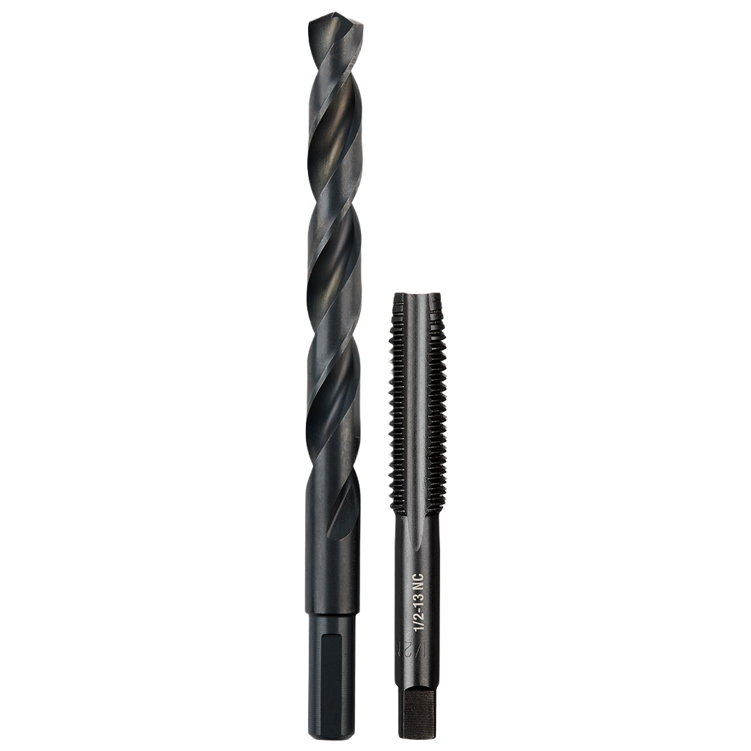 Set of black straight flute plug tap and drill bit for precise threading in tool accessories collection