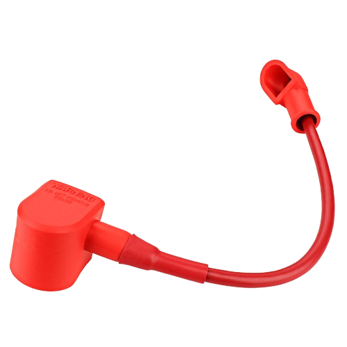 Red insulated positive battery cable with protective cap for automotive and equipment electrical connections