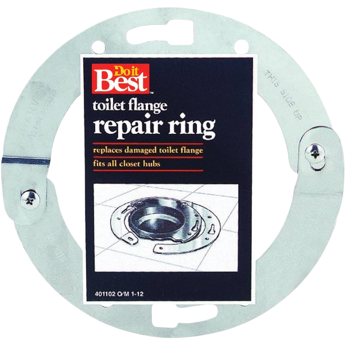 Silver metal repair ring designed to replace damaged toilet flange for tools and home improvement use