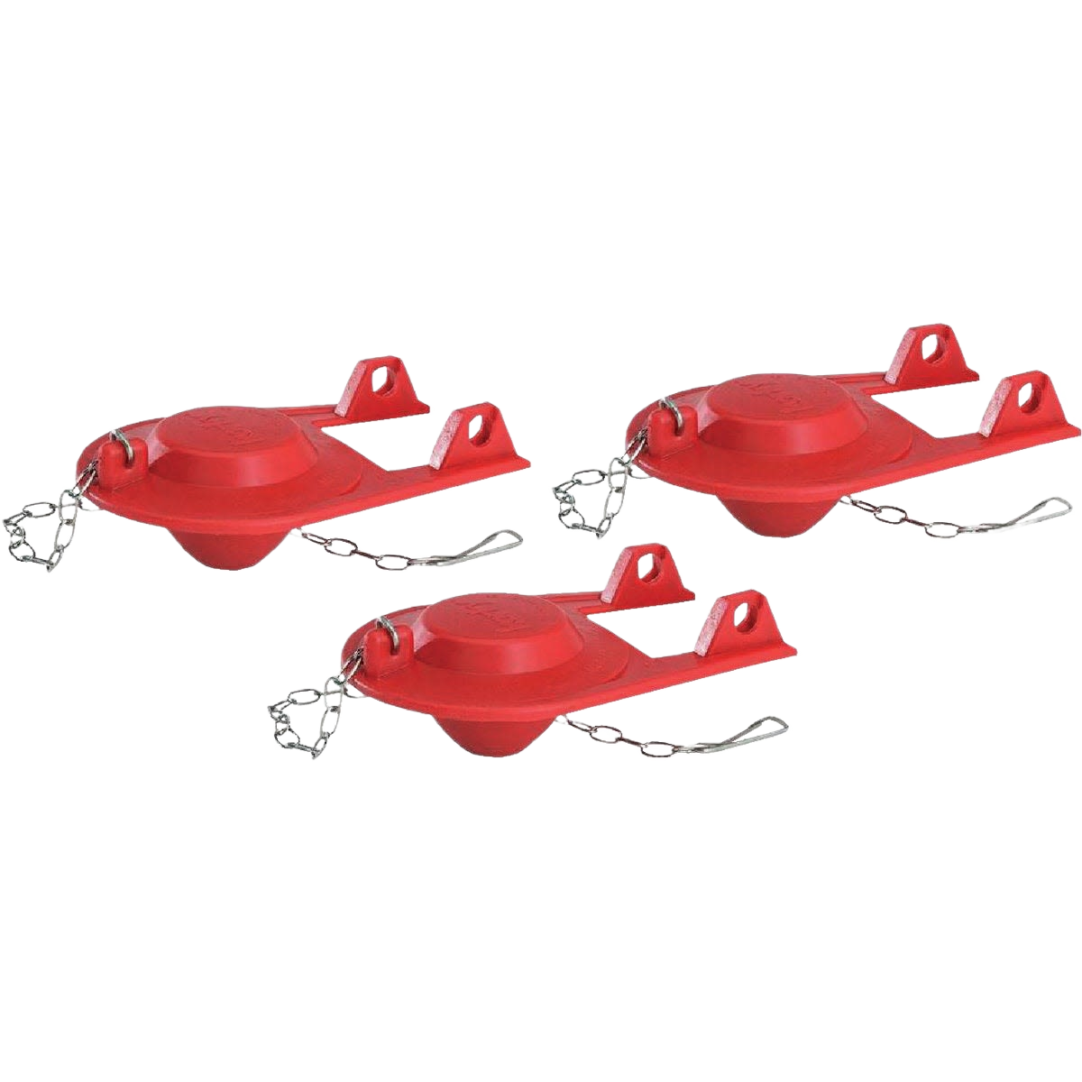 Three red universal toilet flappers with attached chains for home improvement plumbing repairs