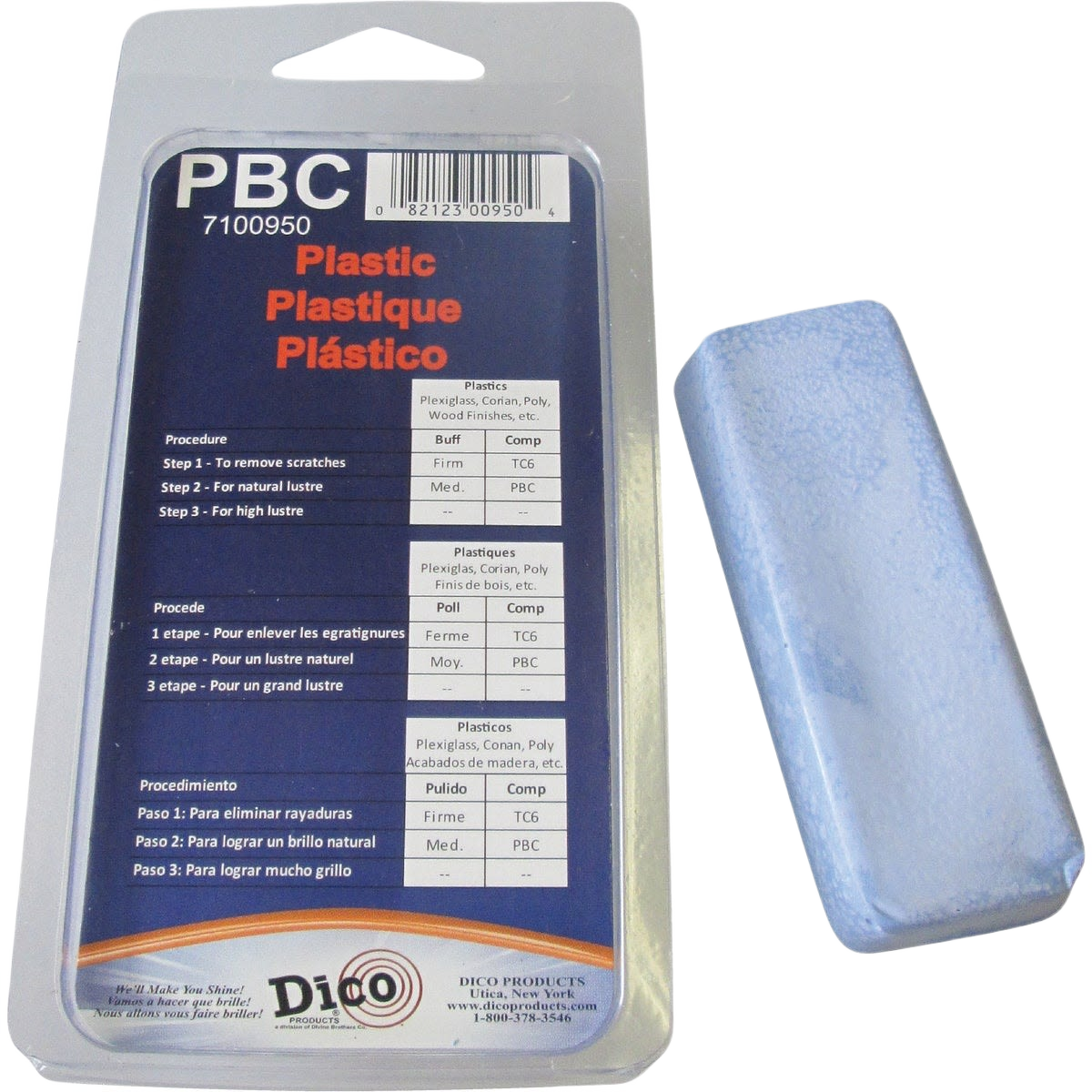 Dico plastic buffing compound block with packaging showing multi-step scratch removal and polishing instructions for woodworking tools
