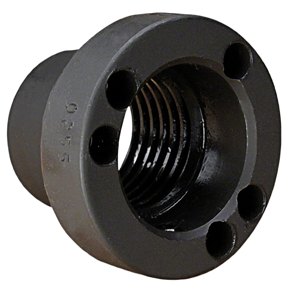 Black metal taper lock adapter with threaded interior and four mounting holes for tools and home improvement use