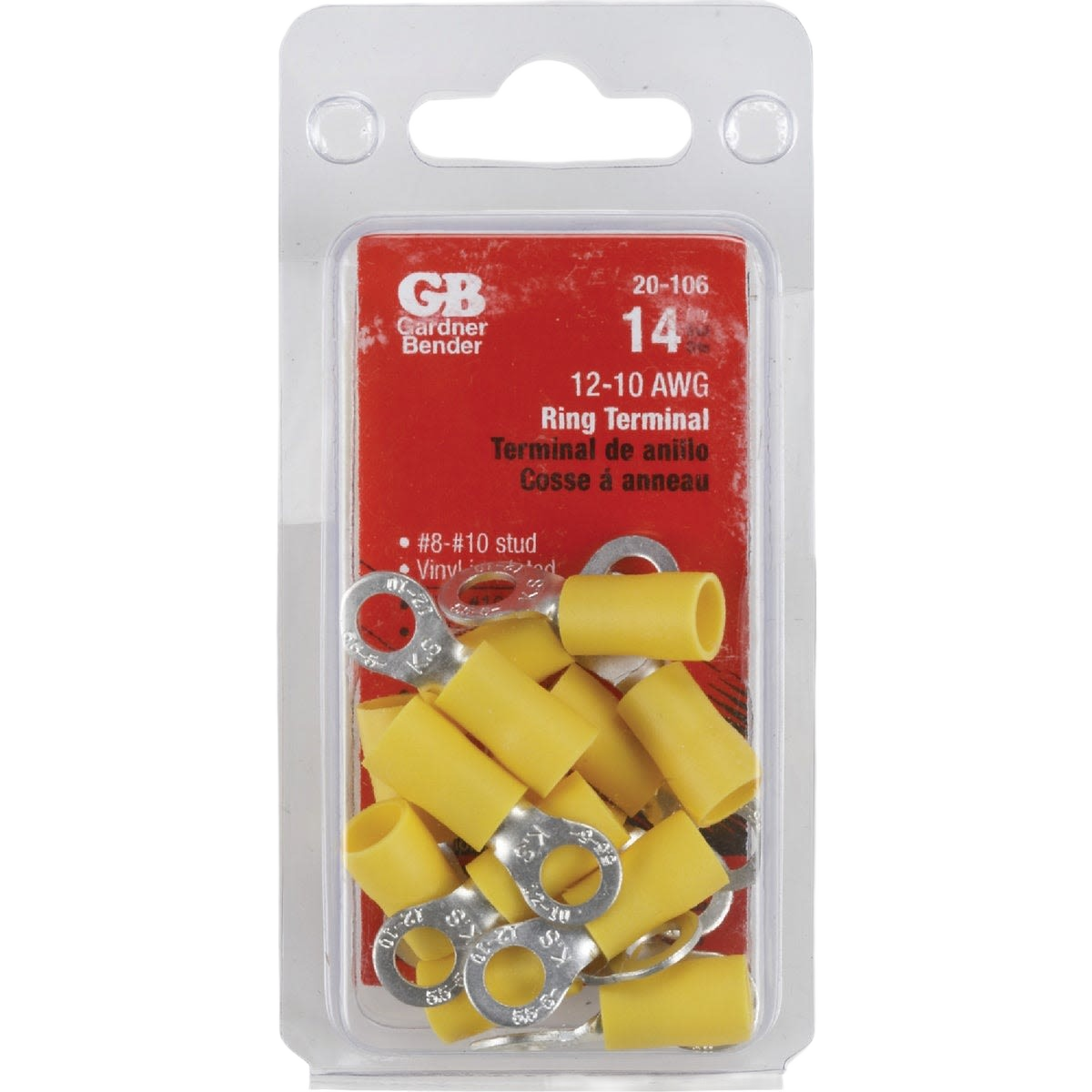 Pack of 14 vinyl-insulated yellow barrel ring terminals for electrical wiring in home improvement and electrical projects