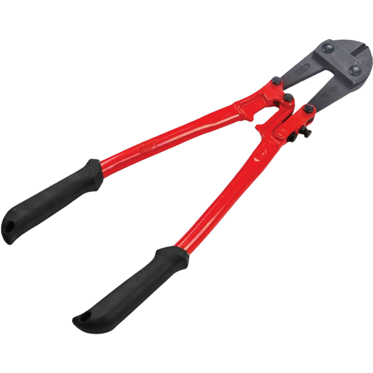 Red-handled bolt cutters with black grips and hardened steel cutting blades for home improvement tasks