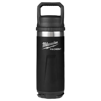 Black insulated beverage bottle with chug lid and PACKOUT connectivity, part of Milwaukee tool accessories collection under $50