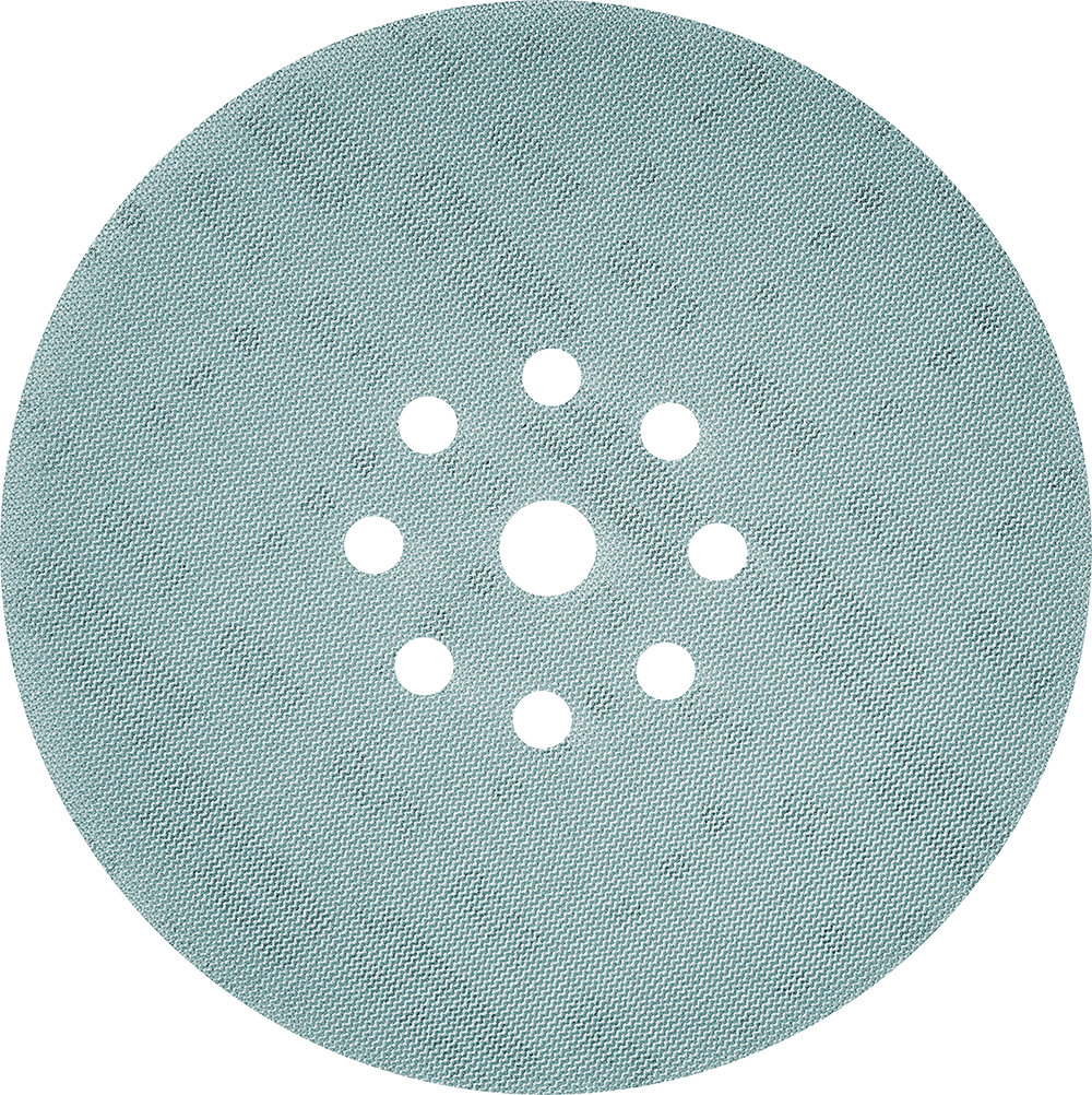 Light blue abrasive sanding disc with perforated holes, designed for tools and home improvement tasks