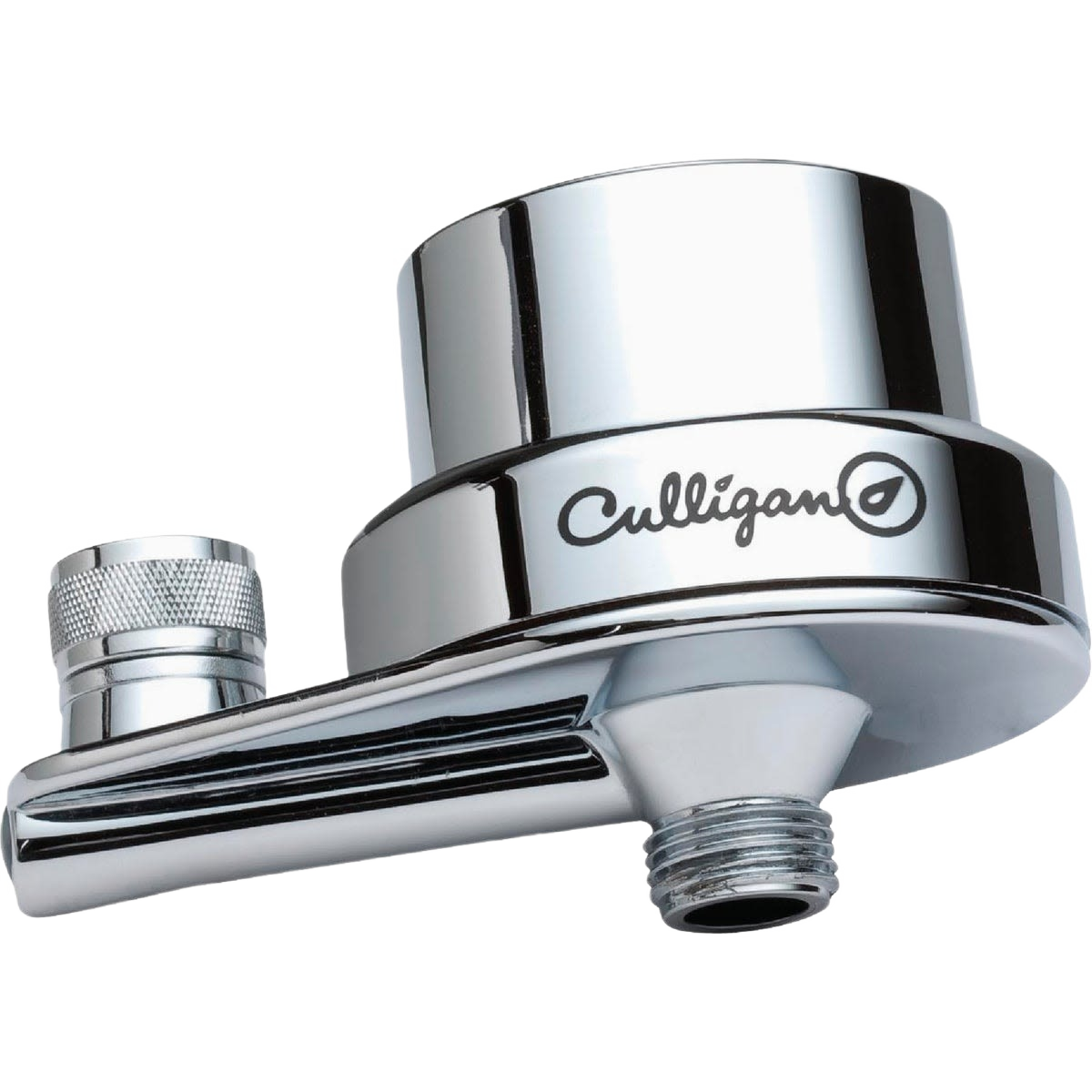 Chrome-finished inline shower filter with threaded connectors designed for water filtration in home improvement projects