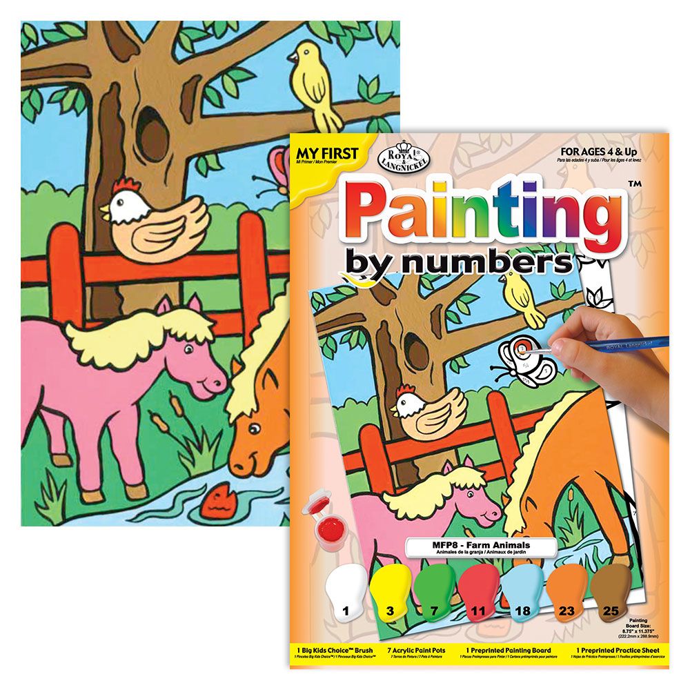 Child painting colorful farm animal scene with brush and numbered acrylic paint pots for beginner art activity kit