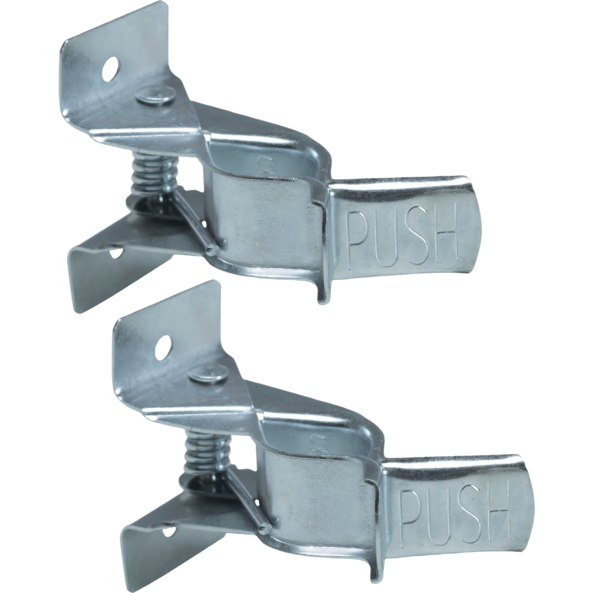 Two rust-resistant zinc spring clip hooks with push-release mechanism for hardware and storage organization under $50