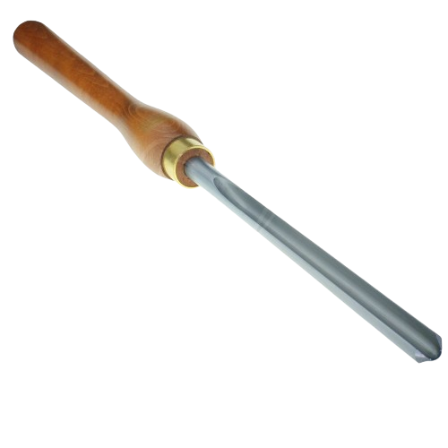 Woodturning gouge with polished steel flute and smooth wooden handle for precise home improvement tool use