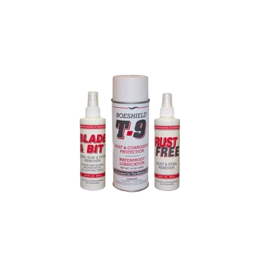 Three-piece tool care spray kit including protective lubricant and rust stain removers in woodworking tool accessories collections