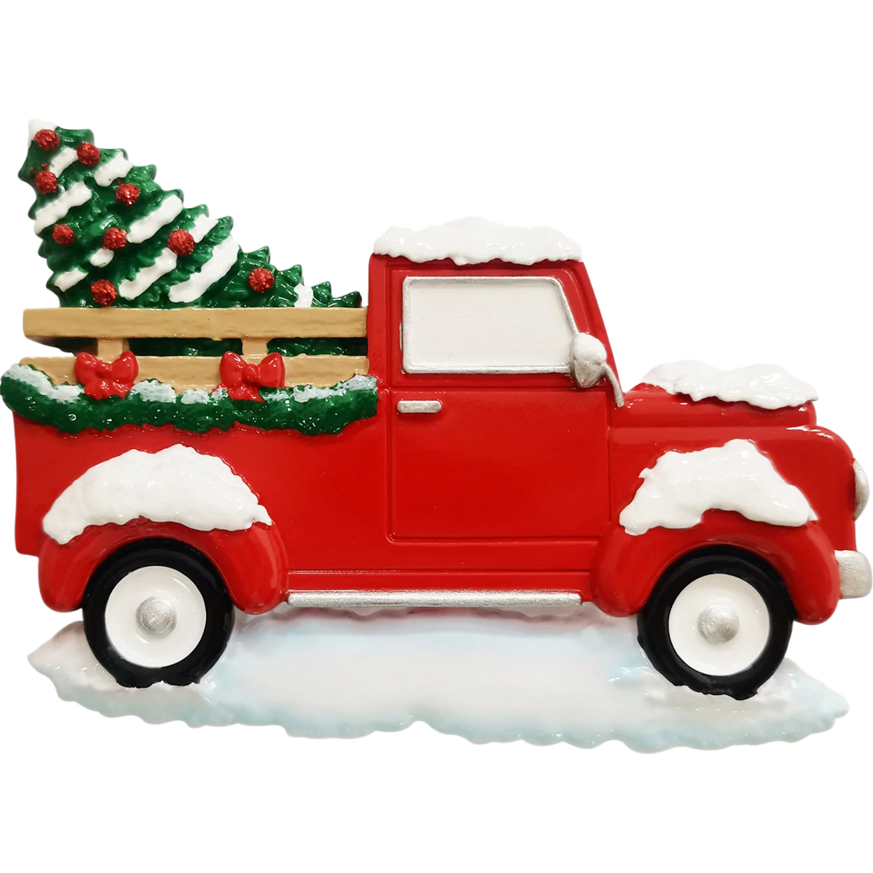 Red vintage truck ornament with snow-topped Christmas tree and festive garland from holiday decor under $50 collection