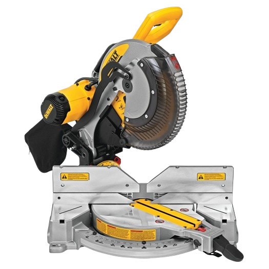 Yellow and silver electric miter saw with blade guard and adjustable base for power tool and home improvement use