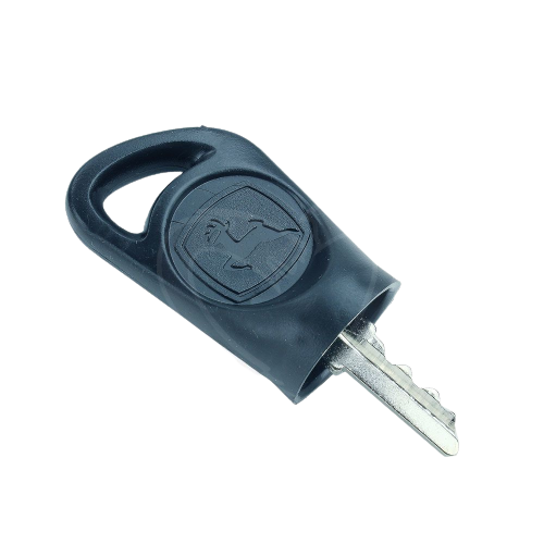 Black ignition key with distinctive emblem, designed for efficient use in home improvement equipment and tools.