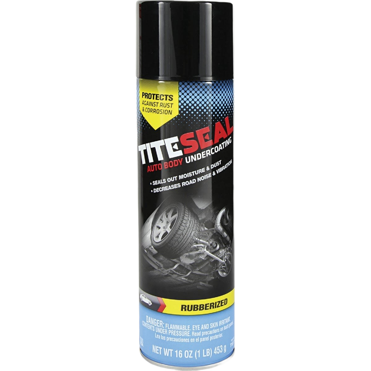 Aerosol can of black rubberized auto undercoat designed to protect car surfaces from rust and corrosion.