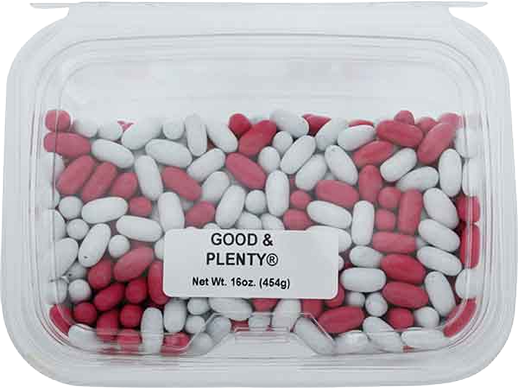 Clear plastic container filled with pink and white licorice candy from the Chocolates & Candies collection